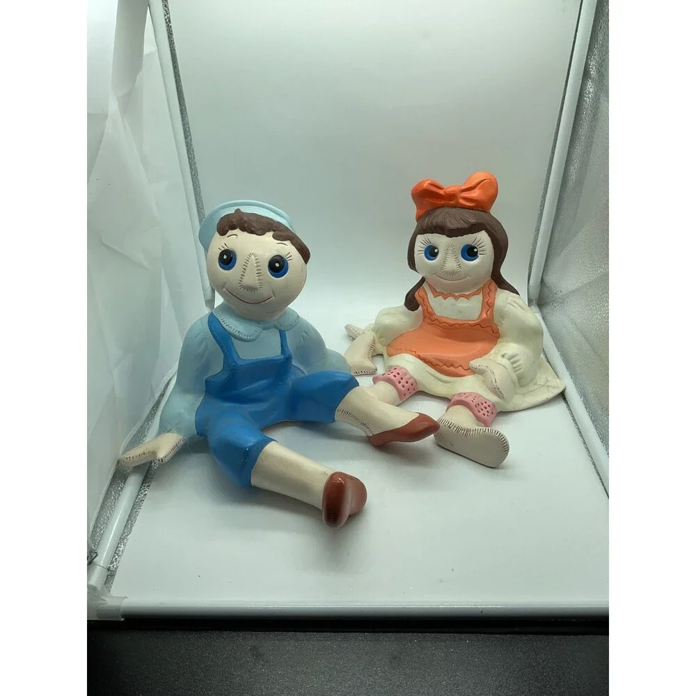 Ceramic Raggedy Ann & Andy Style Doll Figurines Bisque Hand Painted 8
